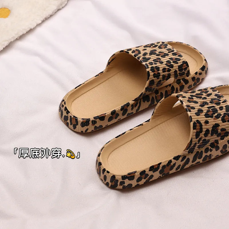 Women's leopard print EVA slippers shown in multiple colours and size options for indoor and outdoor wear.
