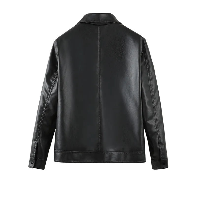Men's black PU leather casual jacket with zip-up front and zipper pockets