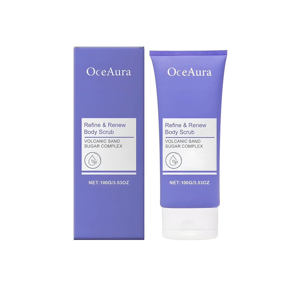 100g jar of Refine Renew Body Scrub cream with walnut shell powder and volcanic ash ingredients
