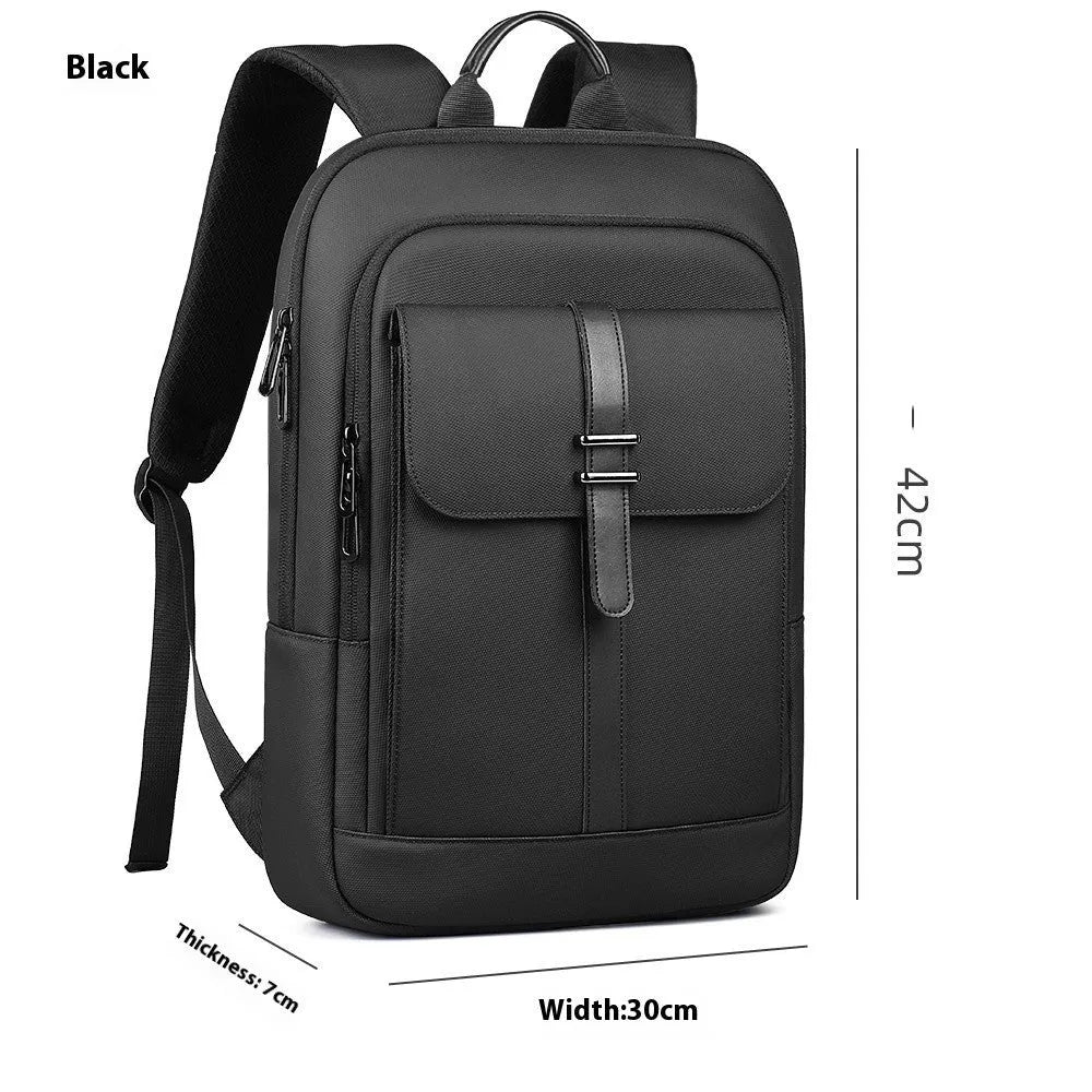 Black lightweight Oxford cloth backpack with sewing line detail for daily commute and urban use