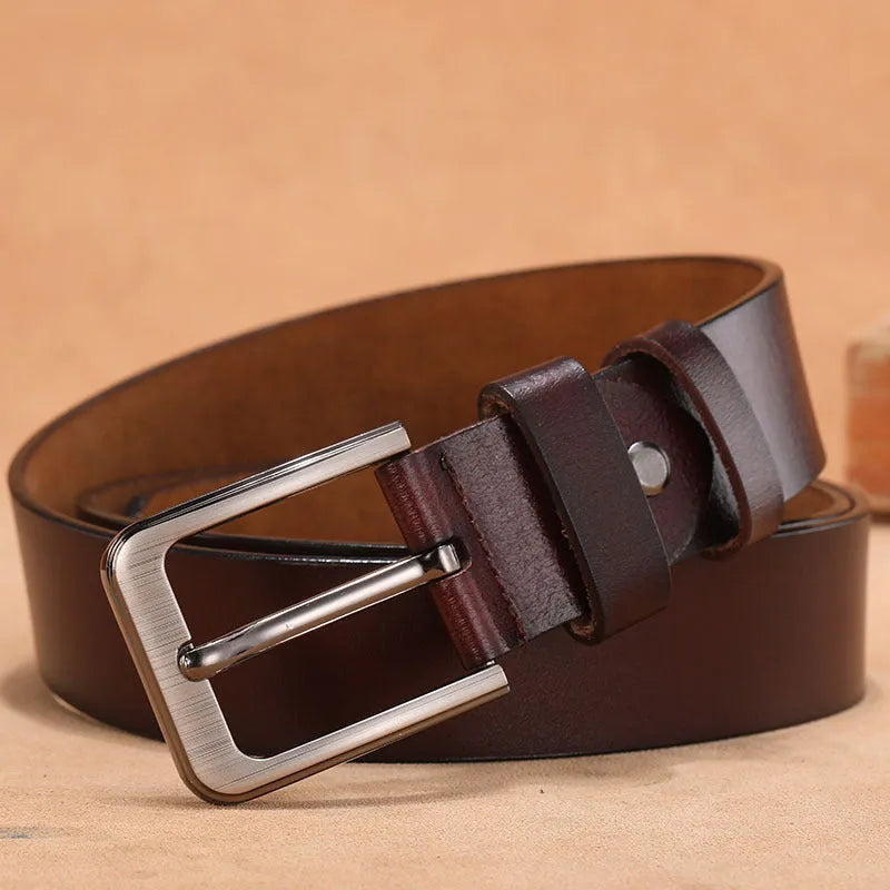 Square head alloy pin buckle casual leather belt in black or brown, shown with length options.