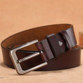 Square head alloy pin buckle casual leather belt in black or brown, shown with length options.