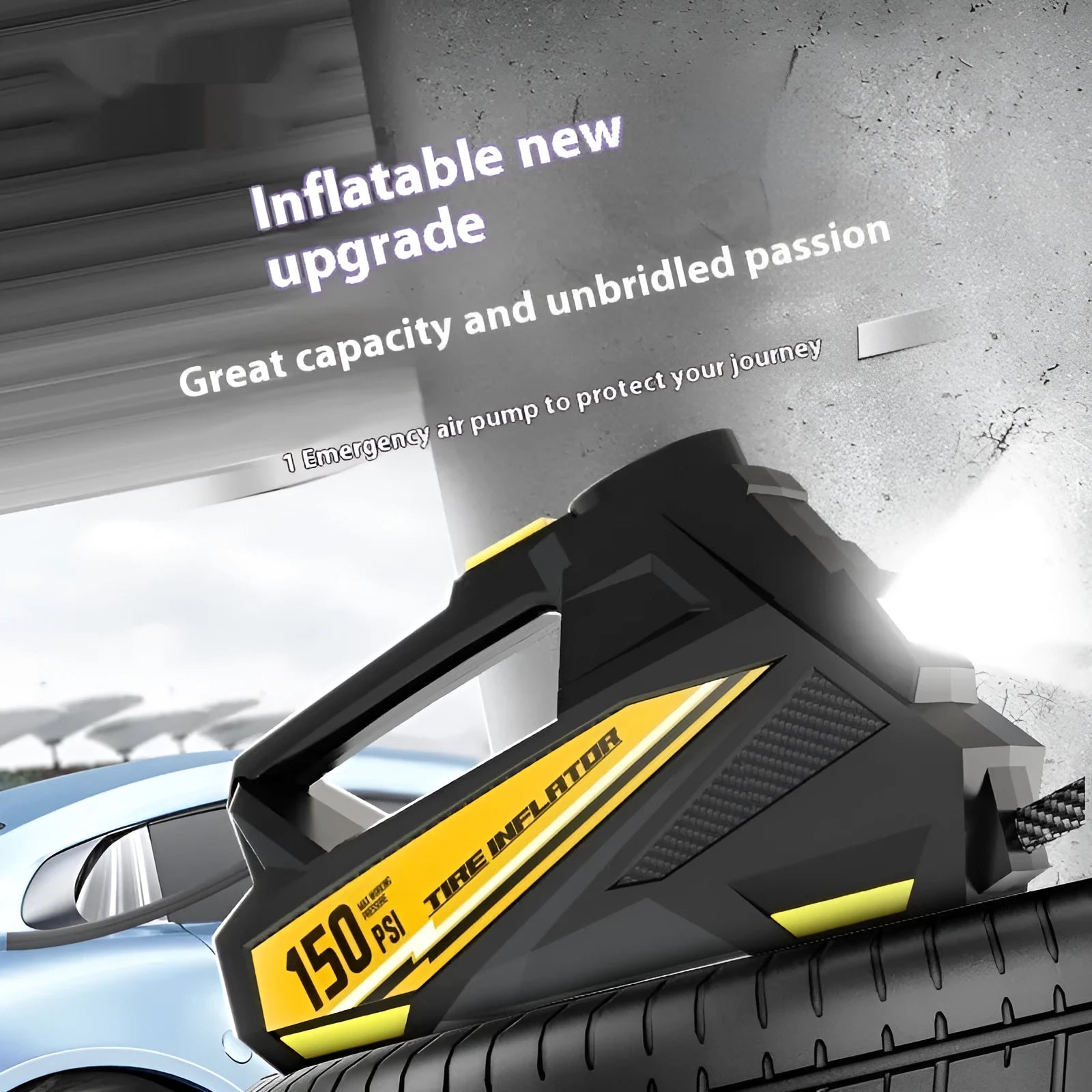 Black portable tyre inflator with digital display for vehicle and watercraft tyres