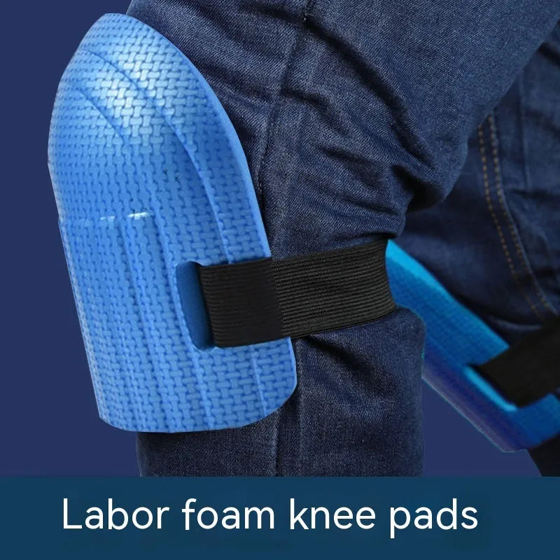 A pair of foam kneepads in blue, showing their 11mm thick EVA foam construction for knee protection.