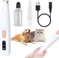 White rechargeable electric dog paw trimmer with LED light on a grey background.