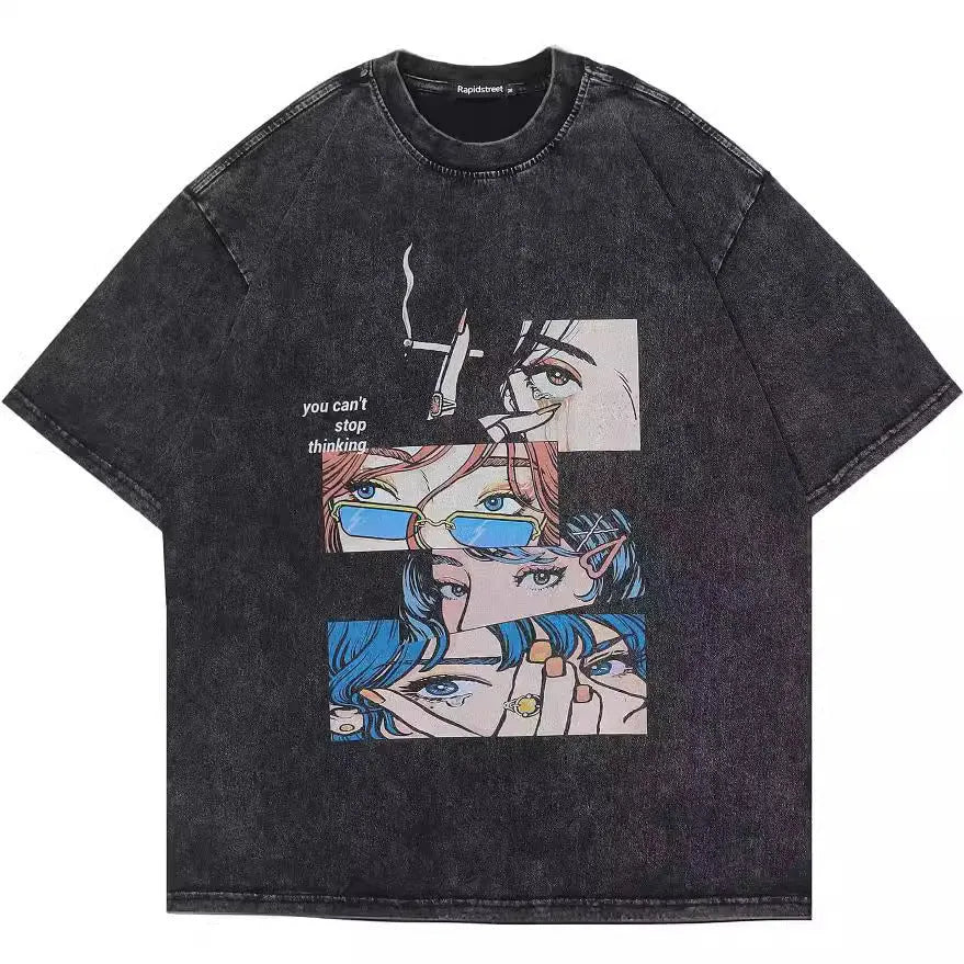 Men's pure cotton short sleeve T-shirt with retro cartoon printing in loose streetwear style