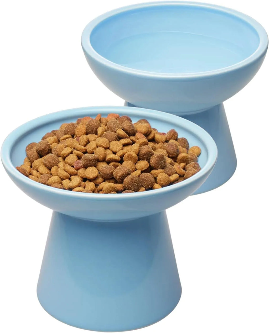 Extra-wide ceramic elevated cat bowl in blue colour showing shallow design