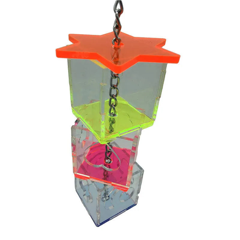 Clear acrylic parrot foraging toy measuring 5x5x32cm for holding bird treats