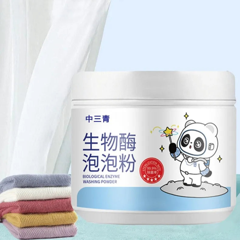 Bottle of biological enzyme bubble powder laundry detergent for down jackets and delicate fabrics.