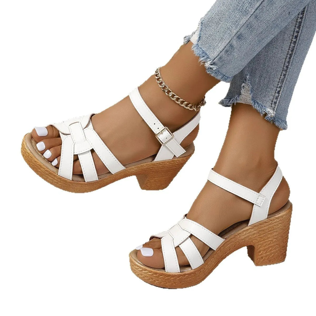 Plus size Roman women's peep toe sandals with chunky heel and buckle ankle strap in black