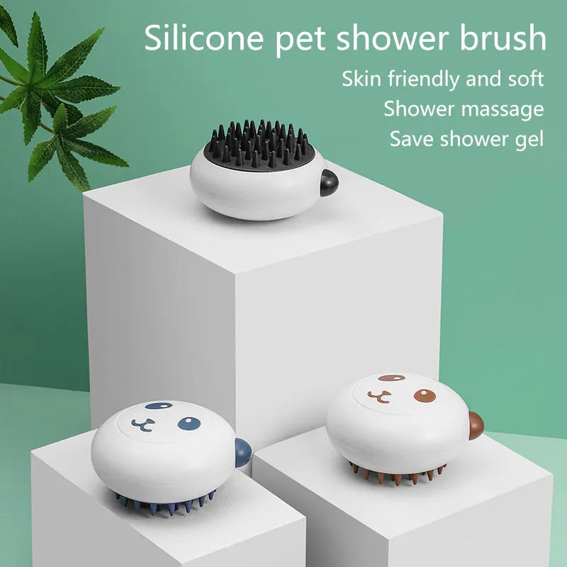 Panda-shaped silicone pet bath brush with soft bristles for cats and dogs in blue.