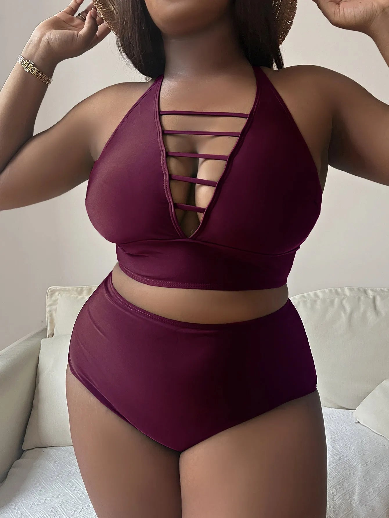 Plus size adjustable halter bikini with cross straps and high waist briefs in solid colour