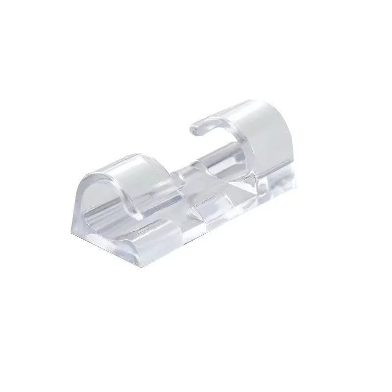 Transparent self-adhesive plastic cable clips in four sizes for wire organisation