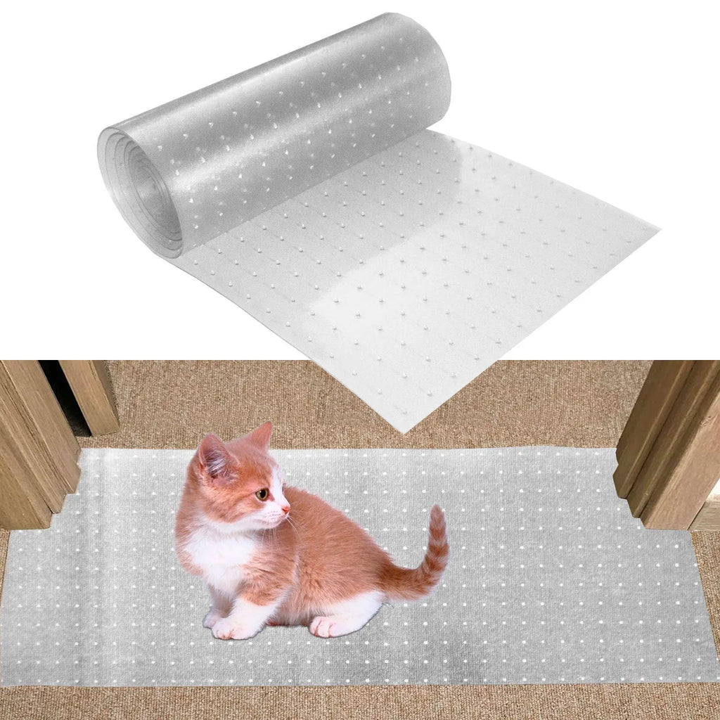 Transparent PVC cat scratch protective pad with studs for door carpet, sizes 31x92cm to 31x250cm