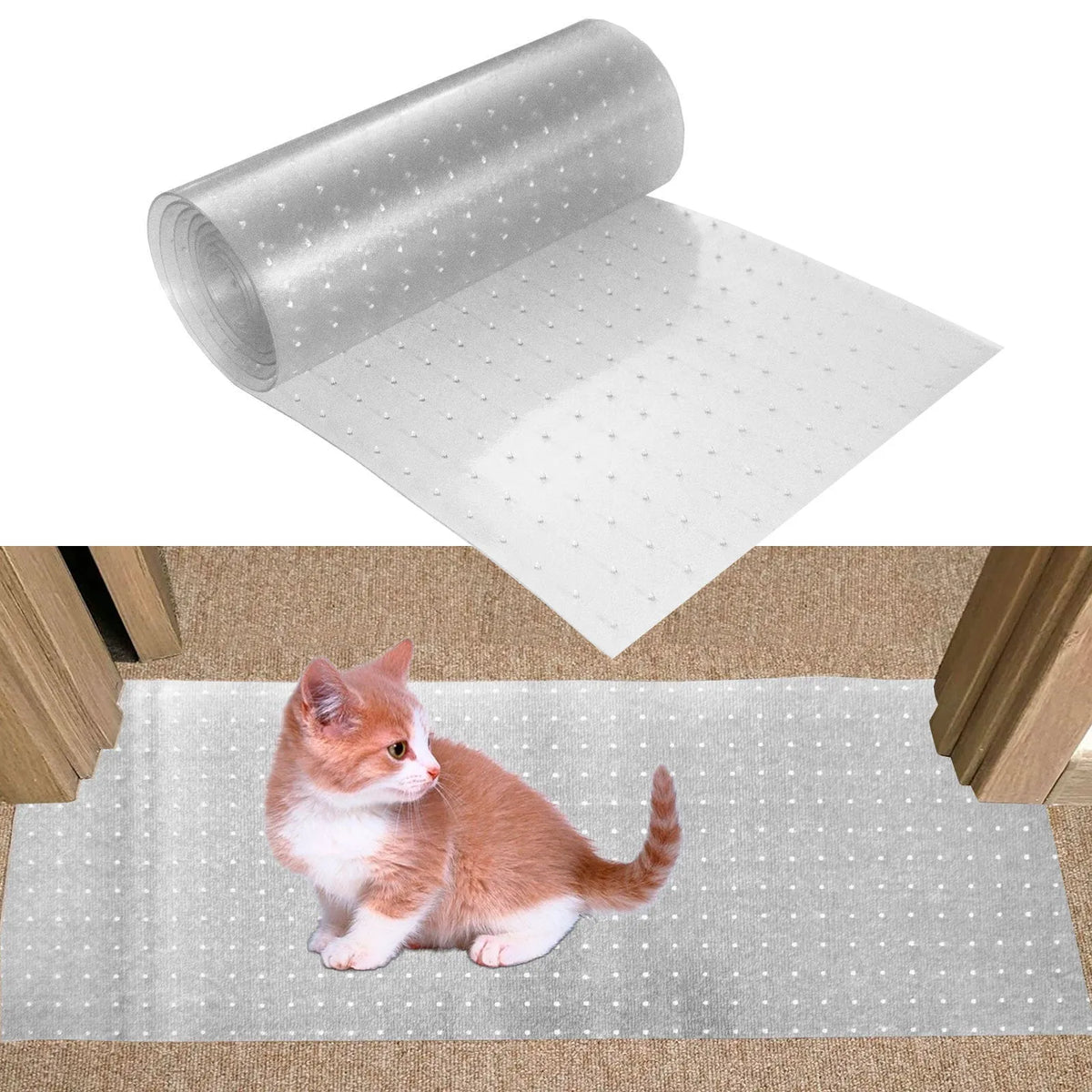 Transparent PVC cat scratch protective pad with studs for door carpet, sizes 31x92cm to 31x250cm