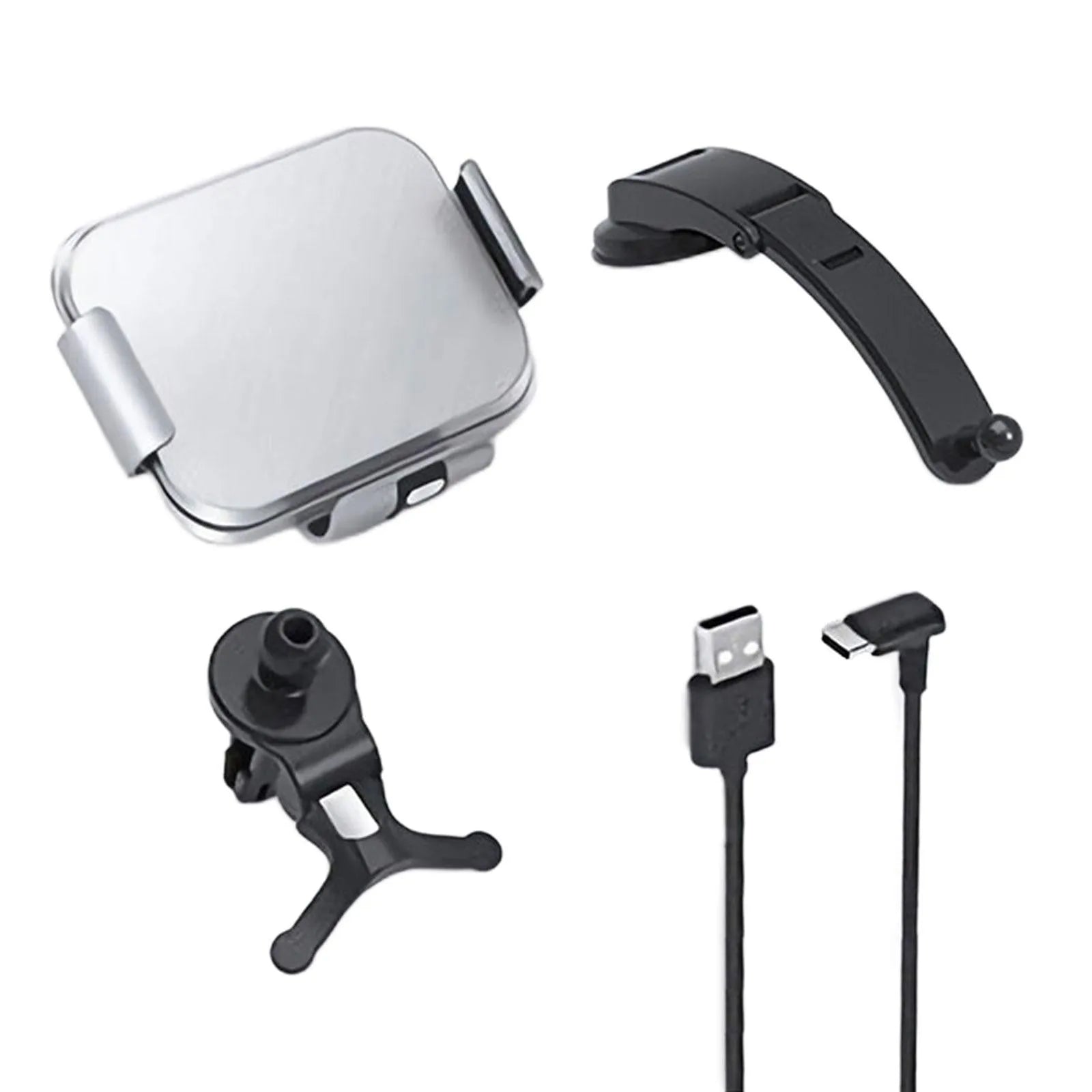 Grey wireless charging car phone holder for folding screen mobiles with AC clip and suction cup mount.