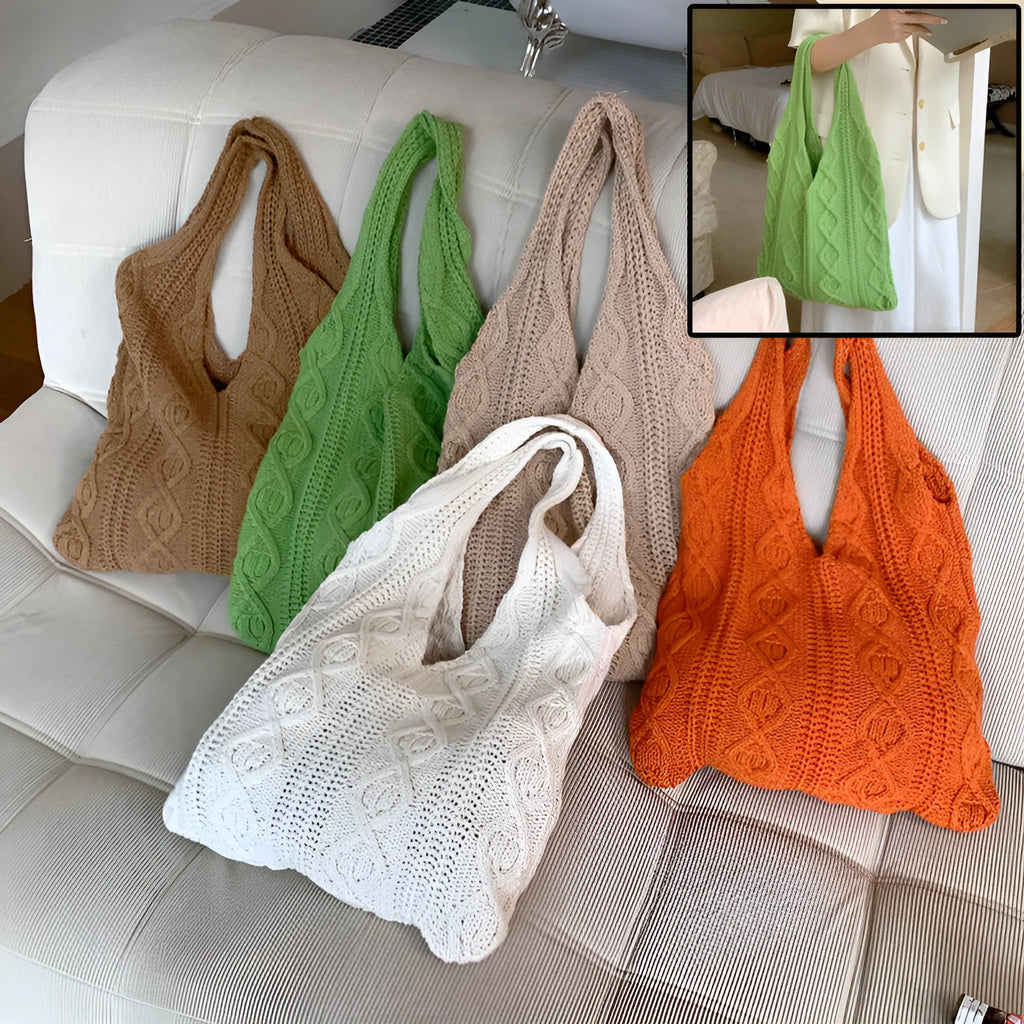 Retro hollow-knitted wool yarn women's shoulder tote bag in solid colour with double straps