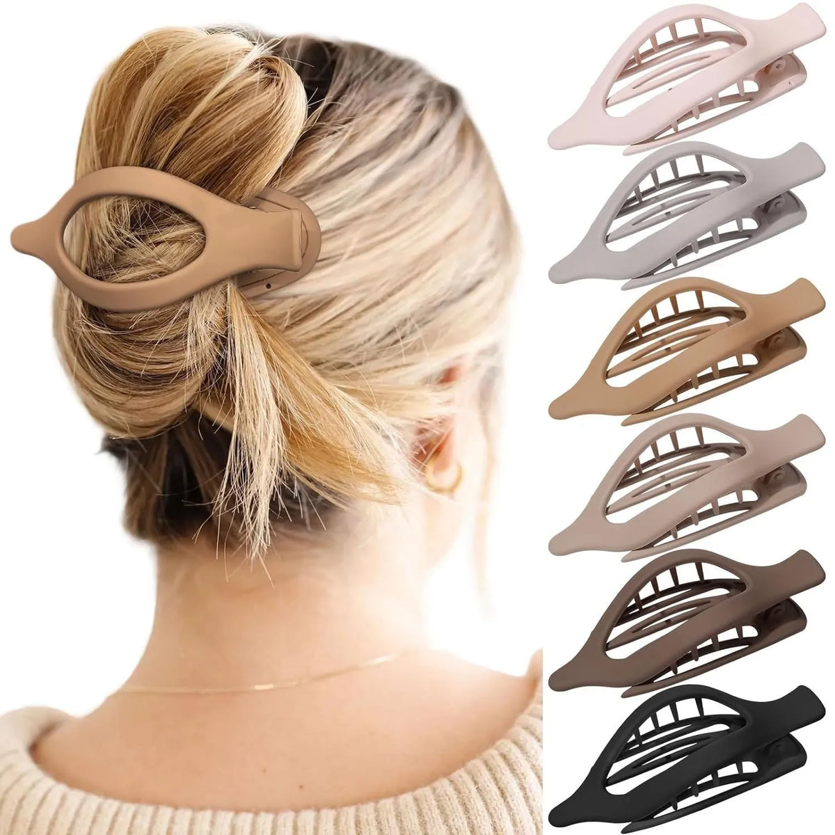 Six plastic hair clips with quadrilateral shape and frosted grip surface in nude and rose red colours