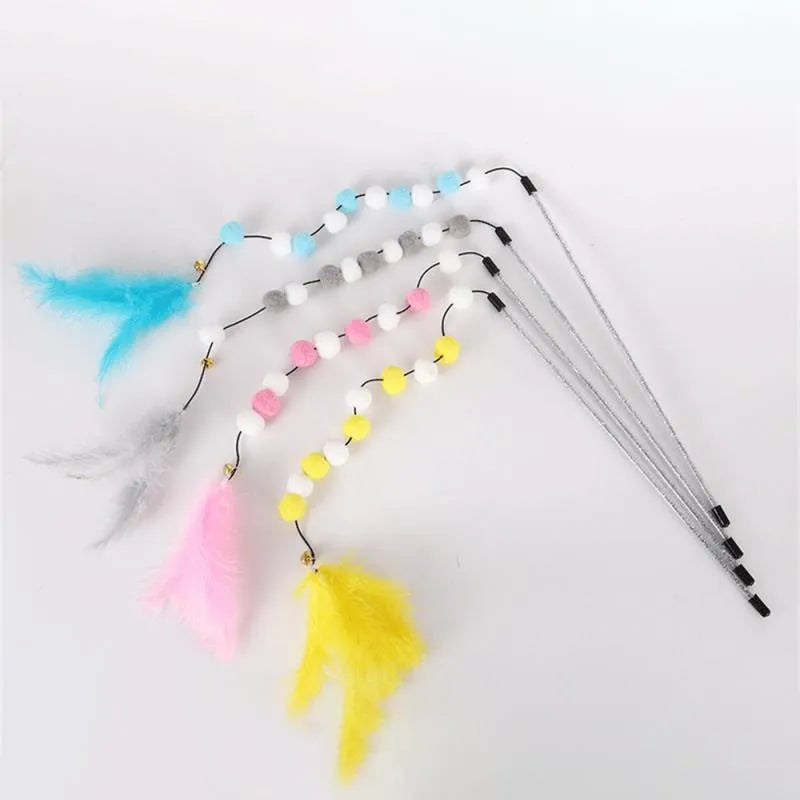 31cm long grey, yellow, and blue acrylic pompon cat teaser rod with feathers and a bell.