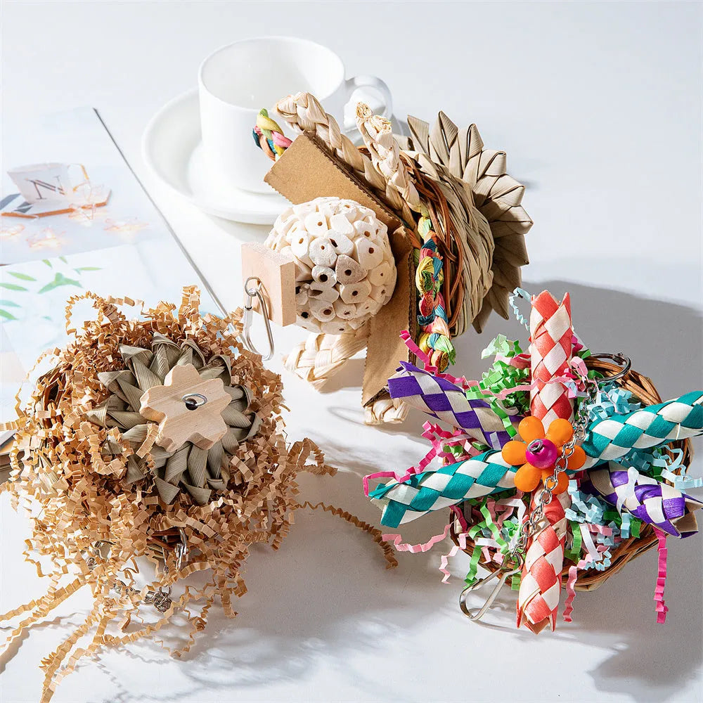Three parrot gnawing toys of different weights for beak health and cage enrichment
