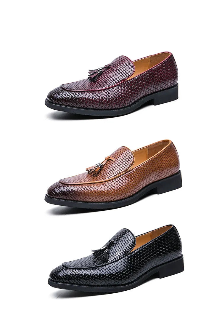Men's black pointed slip on shoes with tassel detail on artificial PU upper