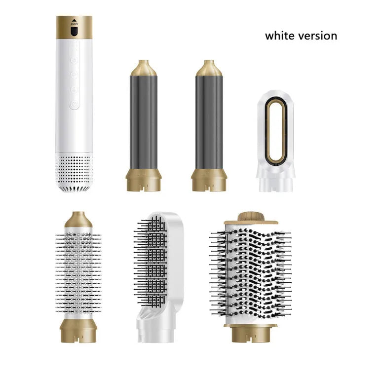 Dark blue and white 6-in-1 electric hot air styling comb with attachments in a leather case.
