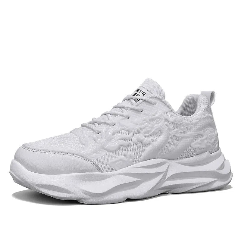 Casual sneakers with fly knit upper in Chinese dragon colours and rubber sole