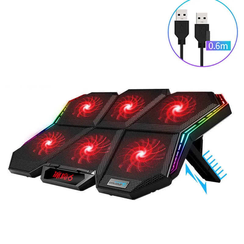 Black and red plastic notebook cooling pad with six fans and USB cable