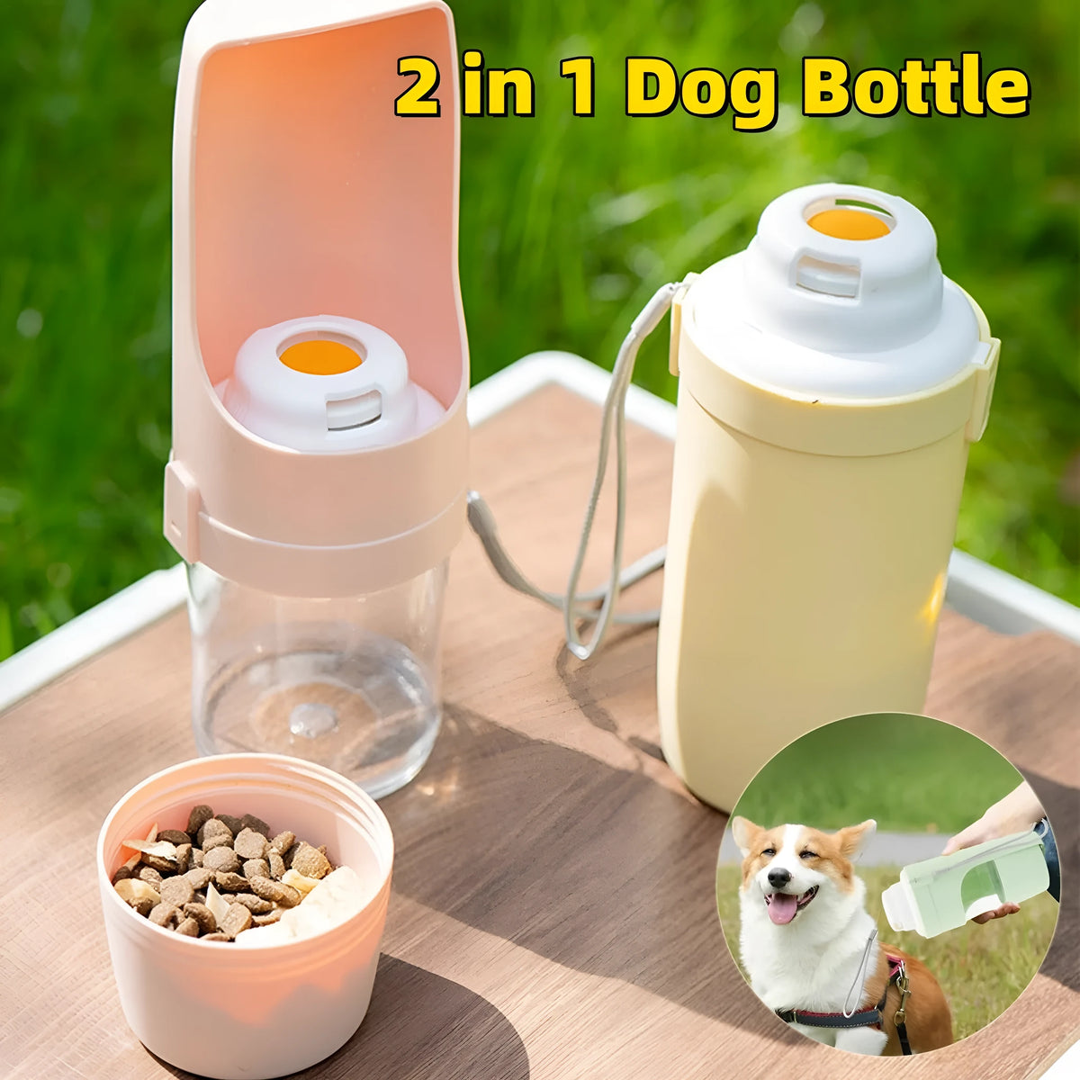 Green portable dog water bottle and feeder with lanyard attached