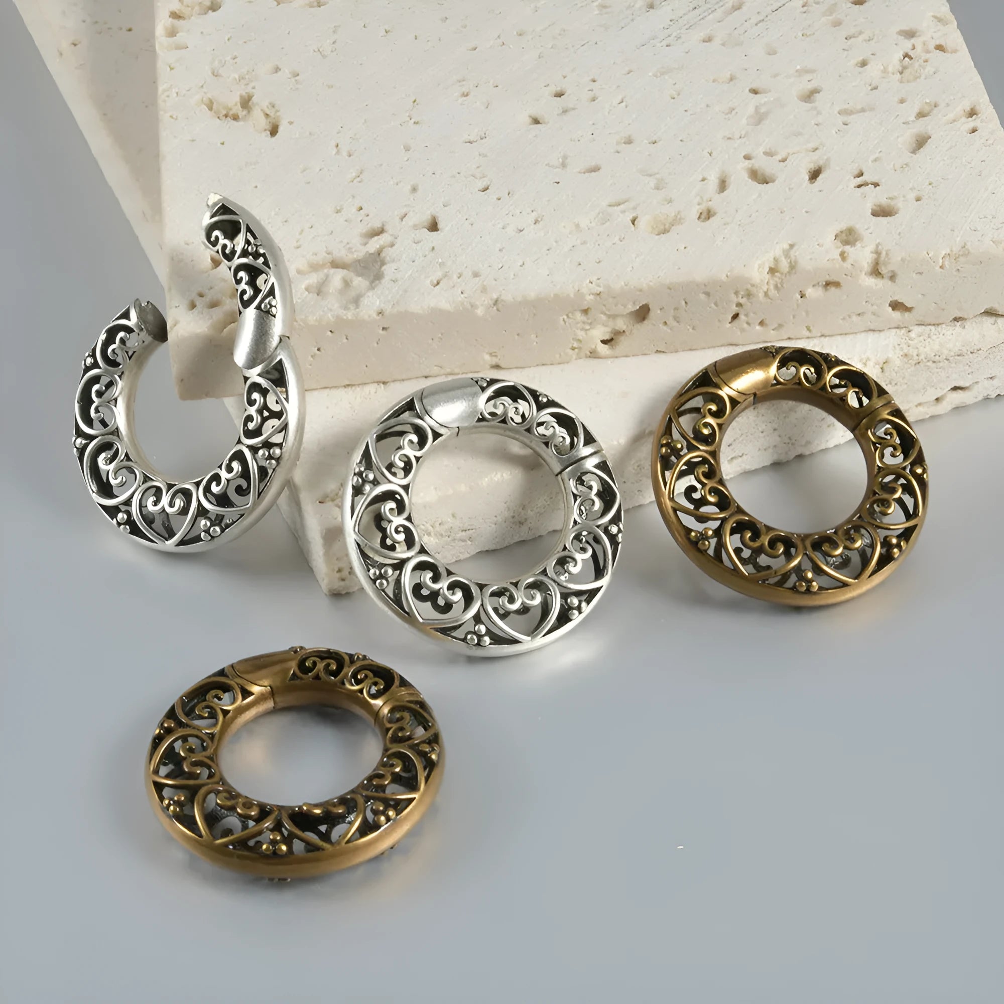 Retro geometric magnetic earrings in heart or lotus shapes with antique silver or gold finish