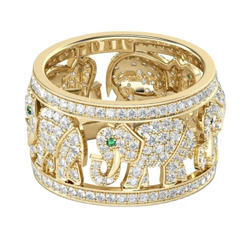 Close-up of an alloy elephant motif fashion ring with full diamond decoration on a white background.