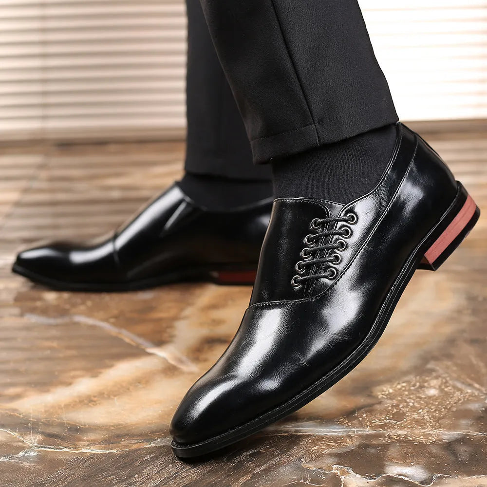 Men's plus size business formal shoes in black, wine red or yellow with breathable artificial PU upper, sizes 38 to 48
