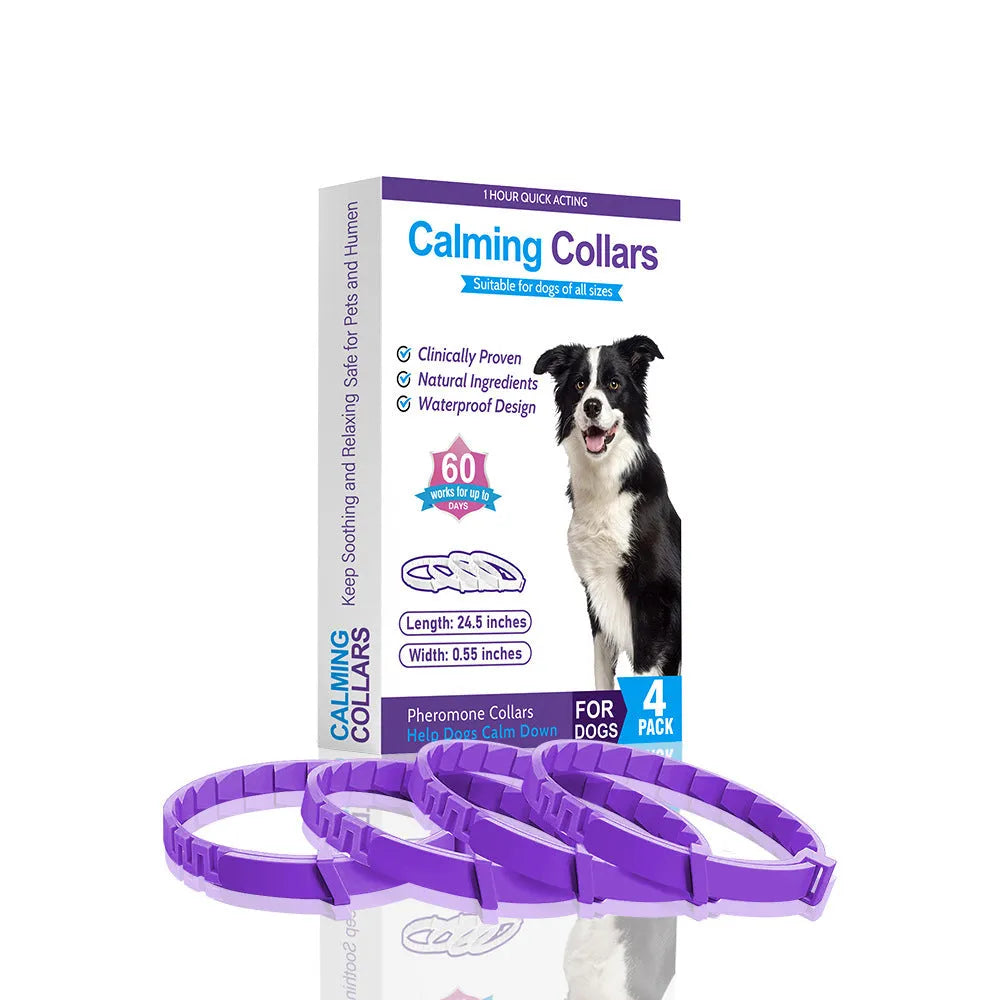 Four dog anxiety collars in different colours with Chinese style monochrome pattern