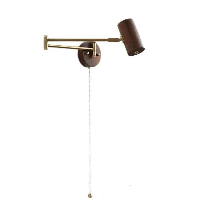Retro wooden wall lamp with rotating long arm and integrated switch in walnut finish