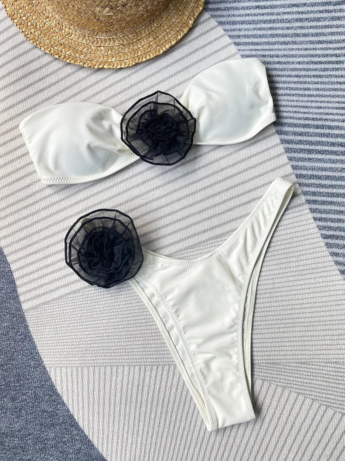 Split design swimsuit bikini with three-dimensional floral detail and tube top