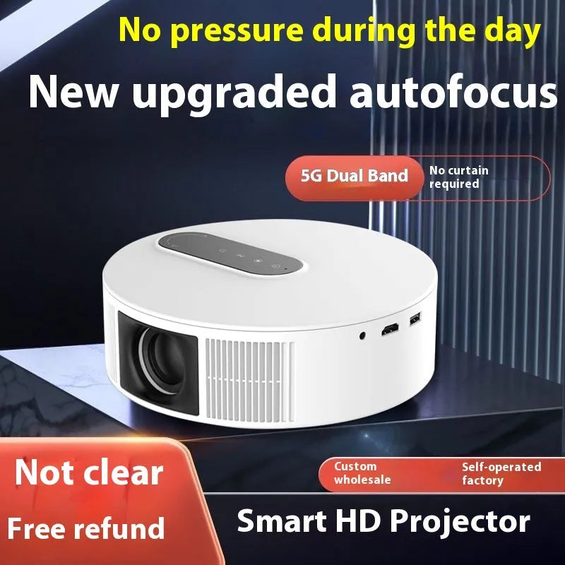 White home cinema projector with remote control on a table, showing 720p HD resolution specification.