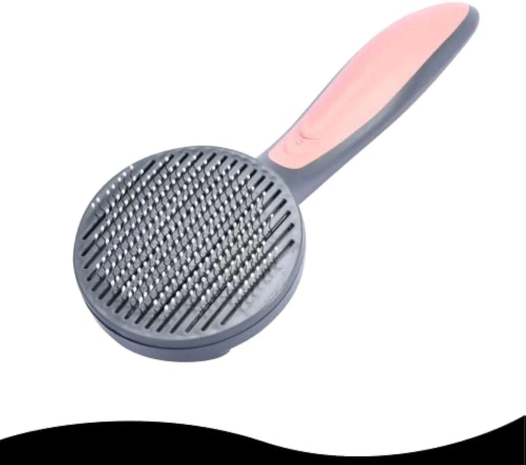 Grey self-cleaning slicker brush for pets with a non-slip handle and one-touch cleaning button.