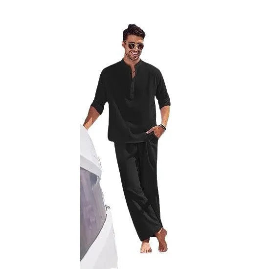 Men's solid colour cotton casual suit with long sleeves and trousers in multiple colours.