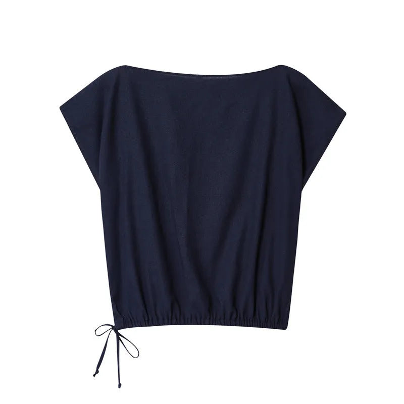 Women's linen blend off-neck shirt with flounced sleeves and matching wide leg trousers coordinated set
