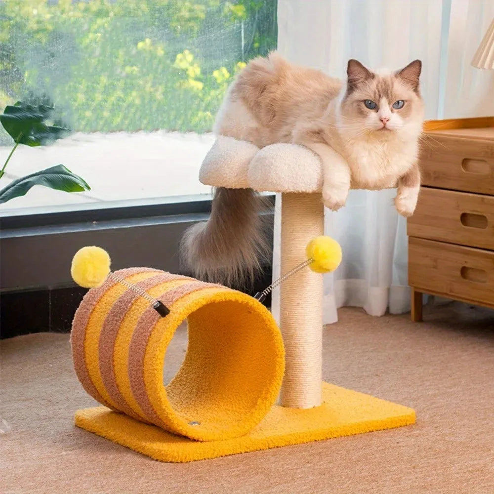 Yellow cat climbing frame with sisal scratching board and tunnel measuring 46x36x25cm