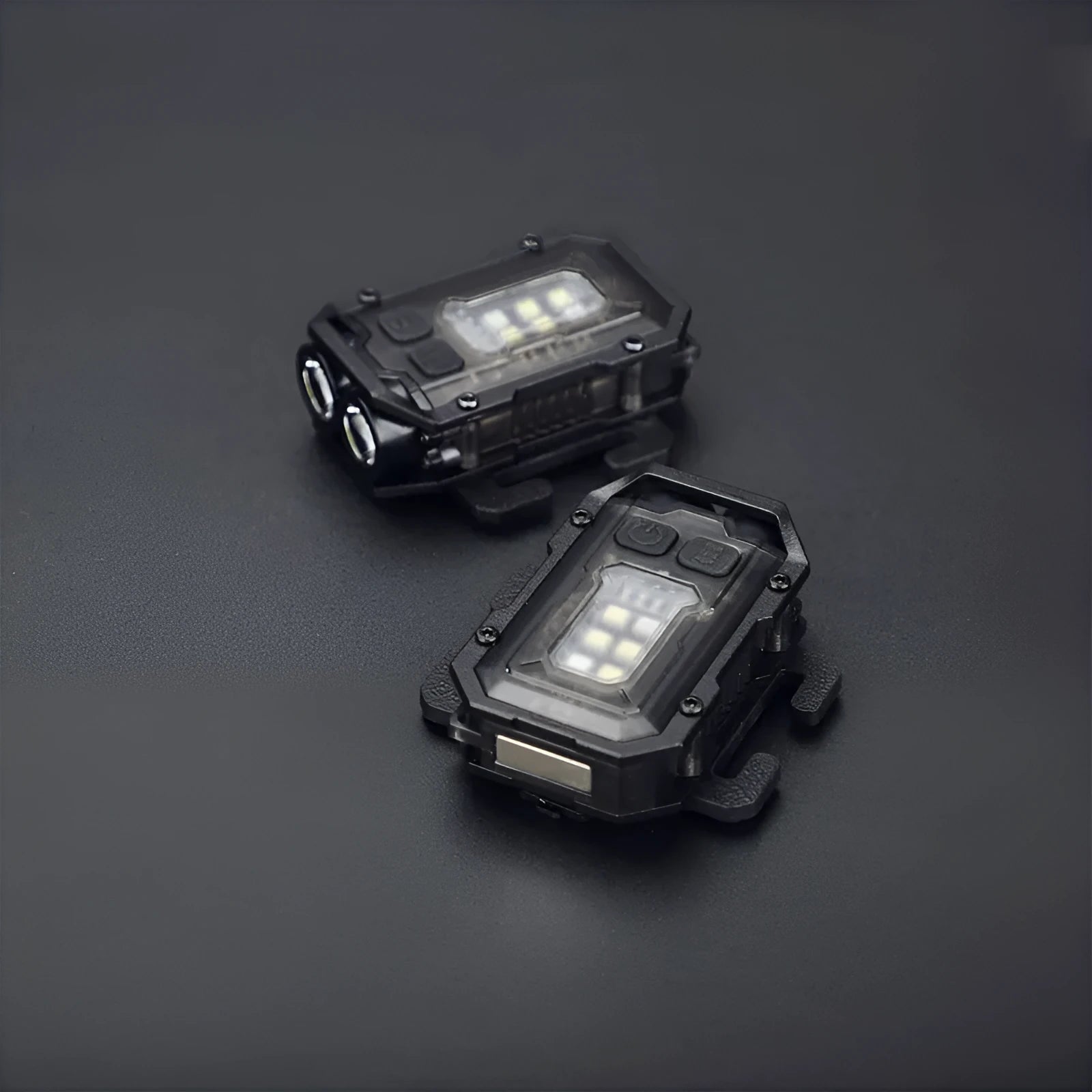 Portable tactical mini warning flashlight with USB charging cable attached for backpack mounting