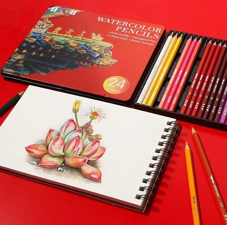 Water-soluble coloured pencil set with 24 wooden pencils in a flat iron storage box.
