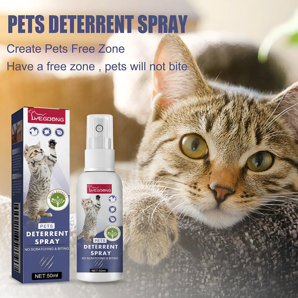 Boxed 50ml bottle of pet deterrent spray for dogs and cats to stop scratching furniture.
