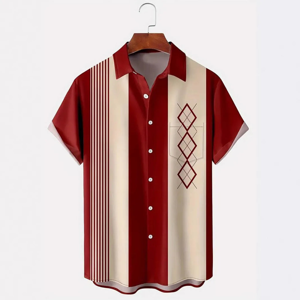 Men's loose fit short-sleeved lapel shirt with a printed plaid pattern, shown in a choice of colours.
