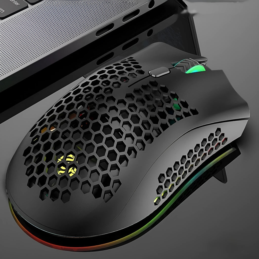 Wireless computer mouse with hollow-out design and luminous elements beside USB receiver