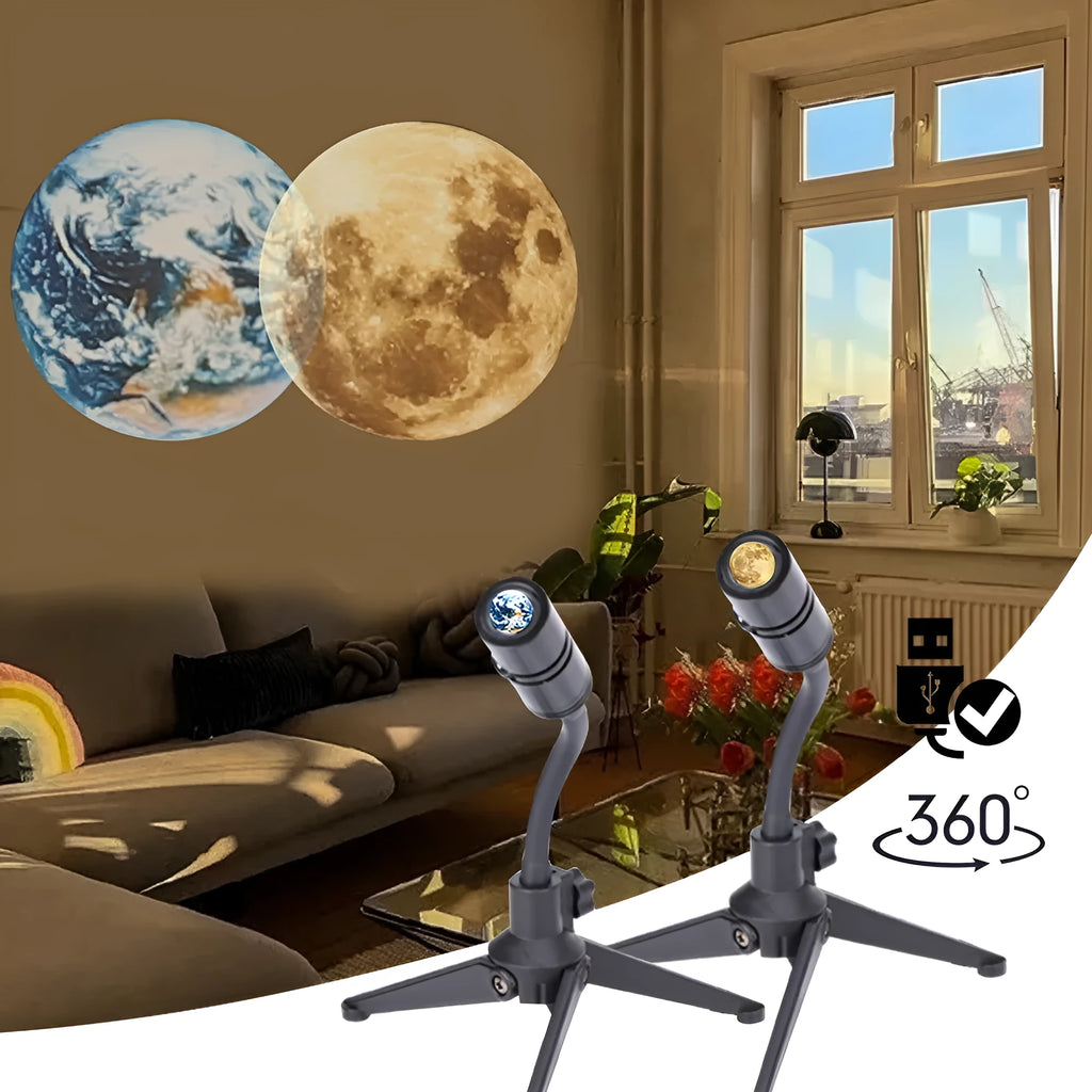 Adjustable earth and moon projection night light with USB cable and bracket