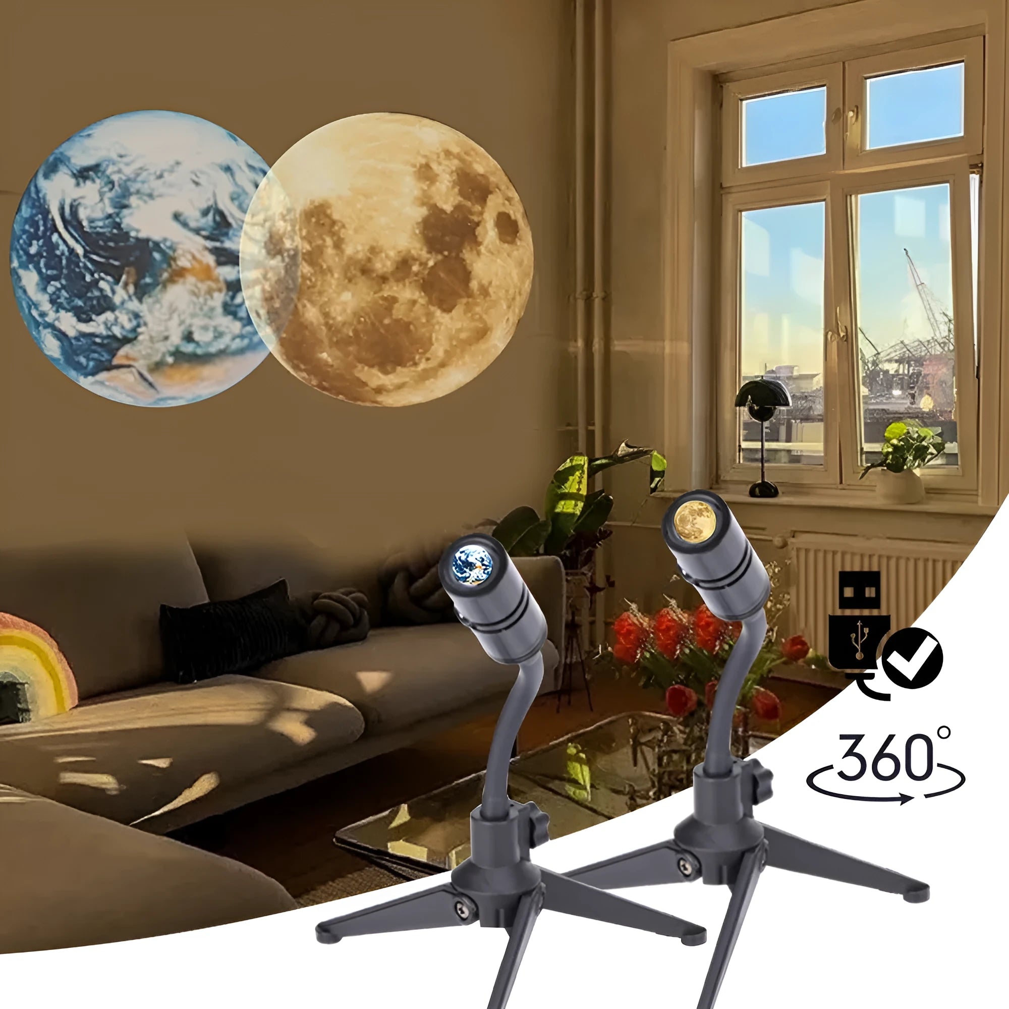 Adjustable earth and moon projection night light with USB cable and bracket