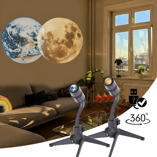 Adjustable earth and moon projection night light with USB cable and bracket