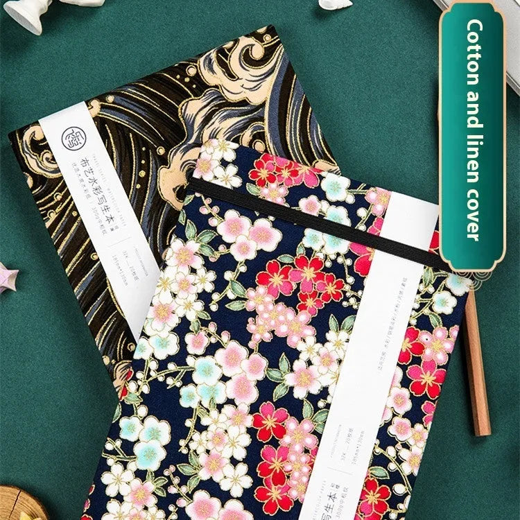 Feiluniao handmade fabric watercolour notebook with decorative cover, 185mm long.