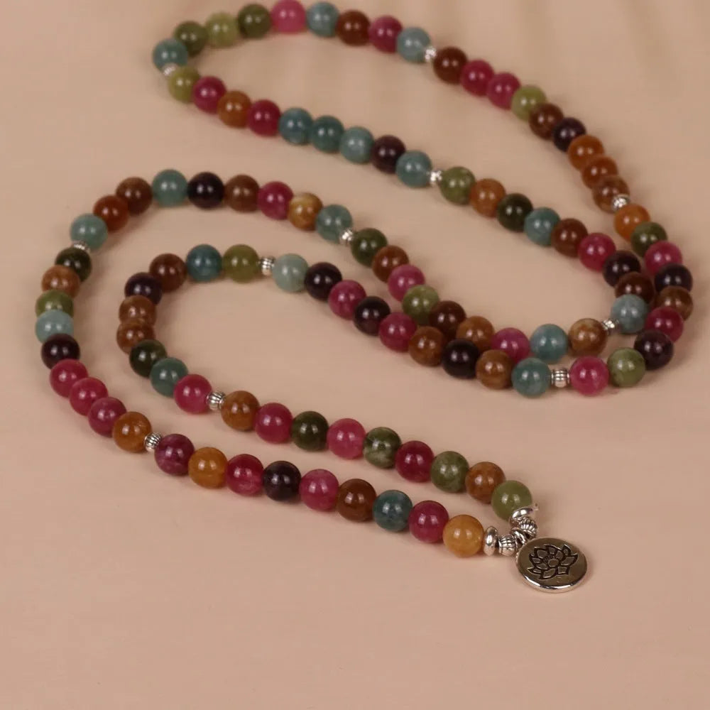108-bead lotus hanging bracelet with tourmaline-coloured alloy beads on adjustable string